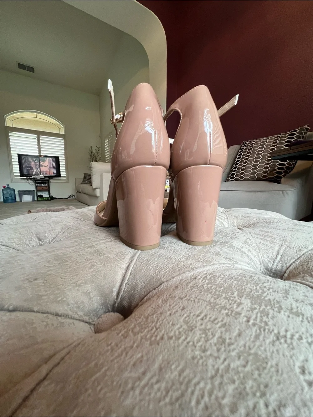 Nine West Glossy Pointed-Toe Ankle-Strap Pumps in Nude